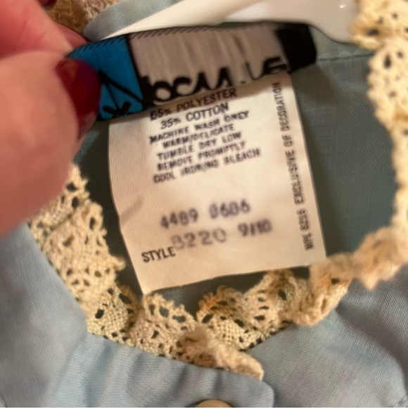 Vintage 60 70 MCM MOD Victorian Blue Lace High Collar Puff Sleeve Tuxedo Blouse - Picture 16 of 16